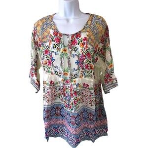 Johnny Was Sz XS Silky Soft White Tunic Top Floral EUC